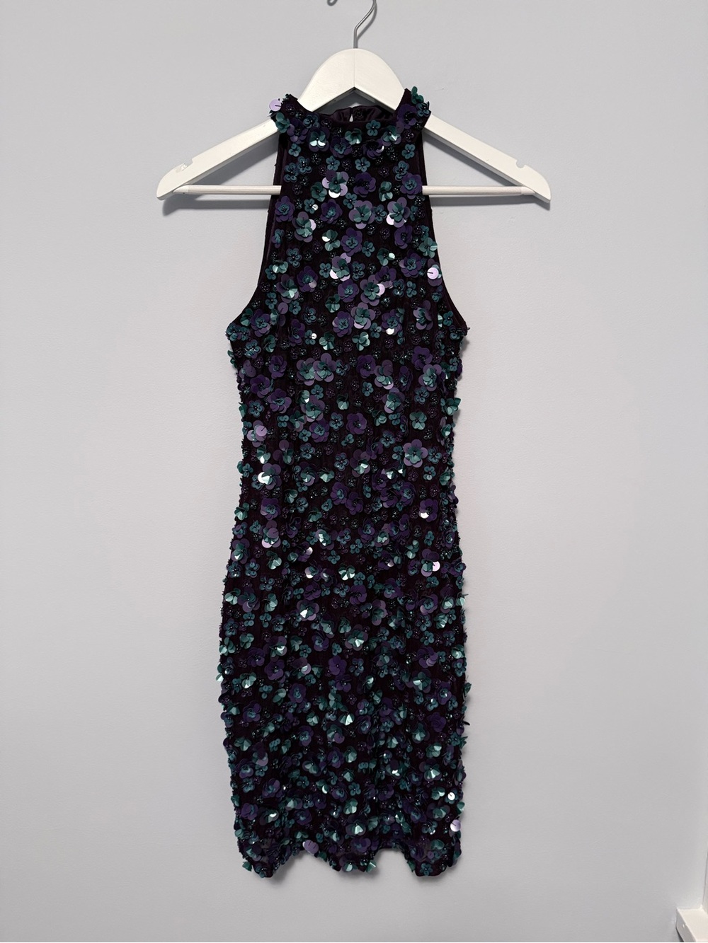 Emily Shalant Beaded Floral Sequined Halter Dress (Purple & Teal) - Picture 4 of 6